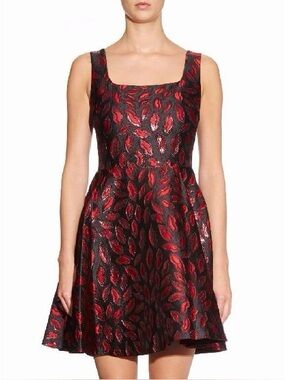 Diane von Furstenberg Minnie Fit and Flare Jaquard Metallic Red Lip Print Dress